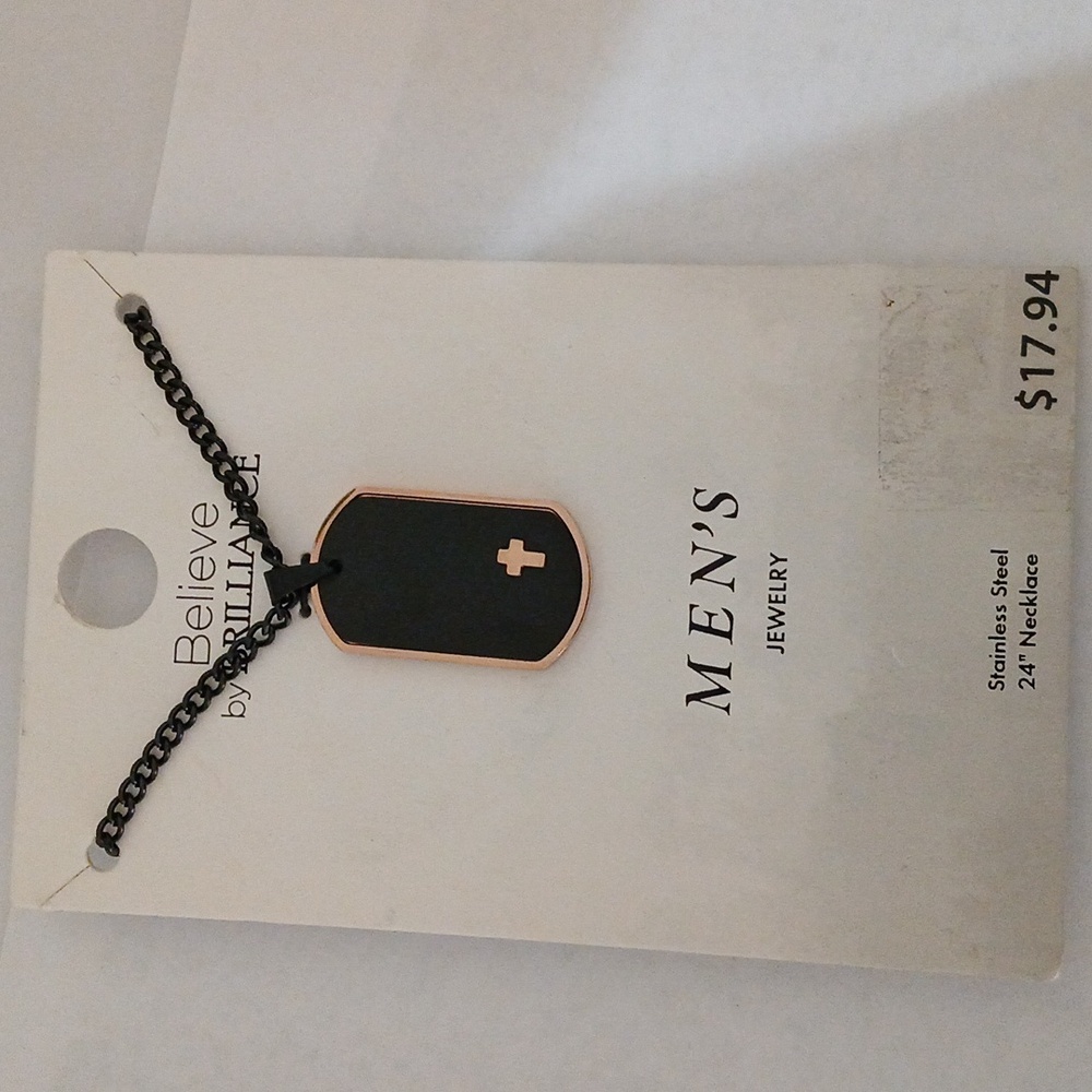 Men jewelry, believe by Brilliance, black dog tag pendant,gold cross &trim,chain